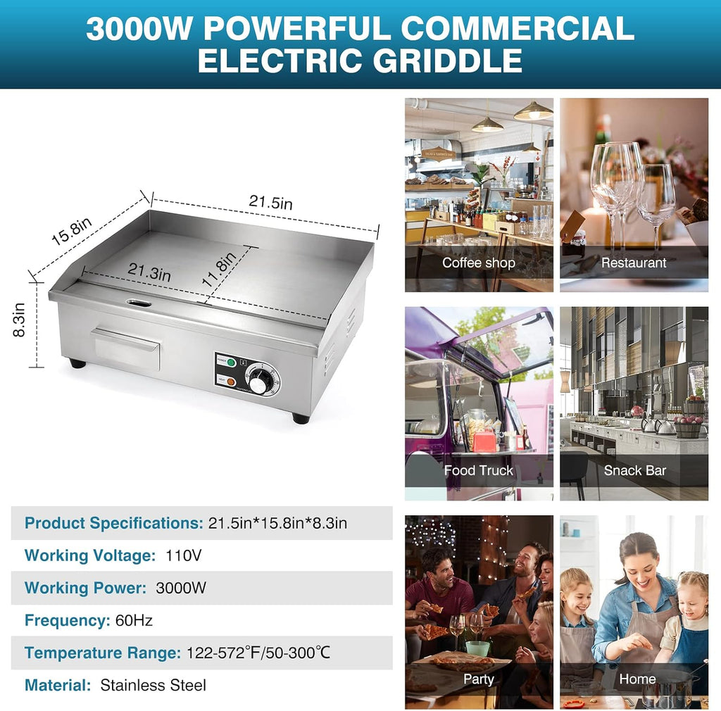 IRONWALLS Commercial Electric Griddle 22', 3000W Electric Flat Top Griddle Grill Indoor with 122~572℉ Adjustable Temperature Control, Non-stick Stainless Steel Teppanyaki Grill for Restaurant, Hotel