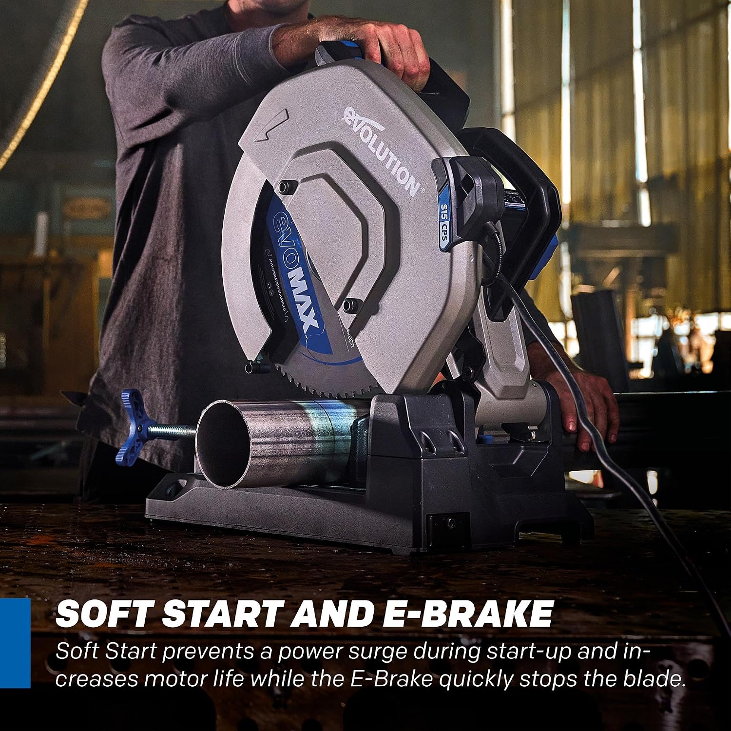 Evolution S15CPS 15' Heavy-Duty Metal Cutting Chop Saw | 3,500+ Cuts with EVOMAX14ST Blade | 15' Blade Compatible | Industrial Power Saw, Soft Start Motor, E-Brake, Precision Shadow Line Guide