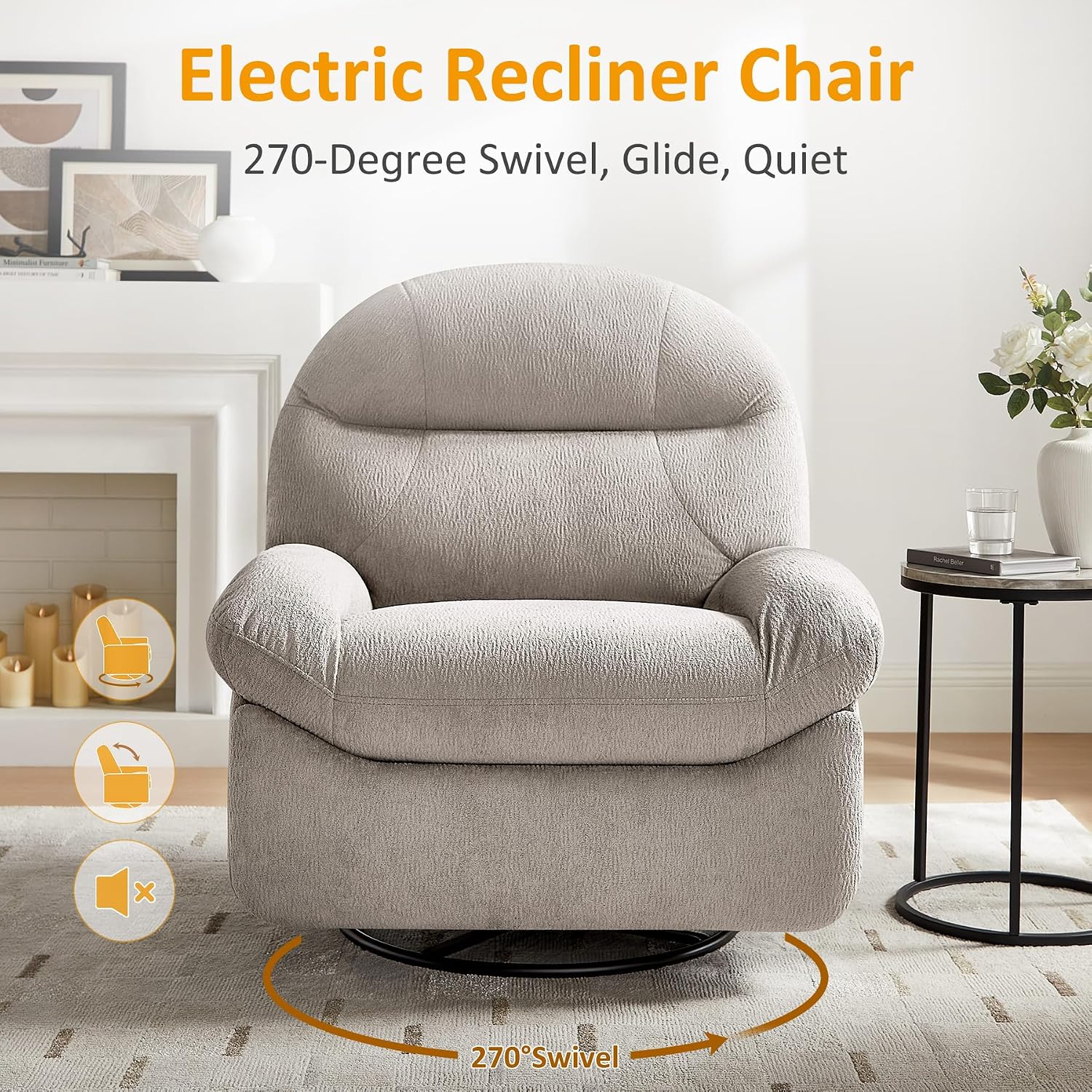 VANOMi Power Recliner Chair with USB & Type-C Charging, 270° Swivel Glider Rocker, Electric Nursery Recliner for Living Room, Bedroom, and Office, Camel