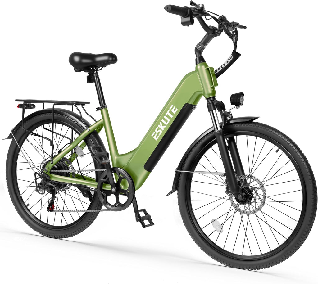 ESKUTE Electric Bike for Adults-1300w Peak Ebike, 28MPH Step Thru Electric Bicycle，70Miles 840 WH Removable Battery e-Bike, 7-Speed 26'' tire, Adjustable Stem,
