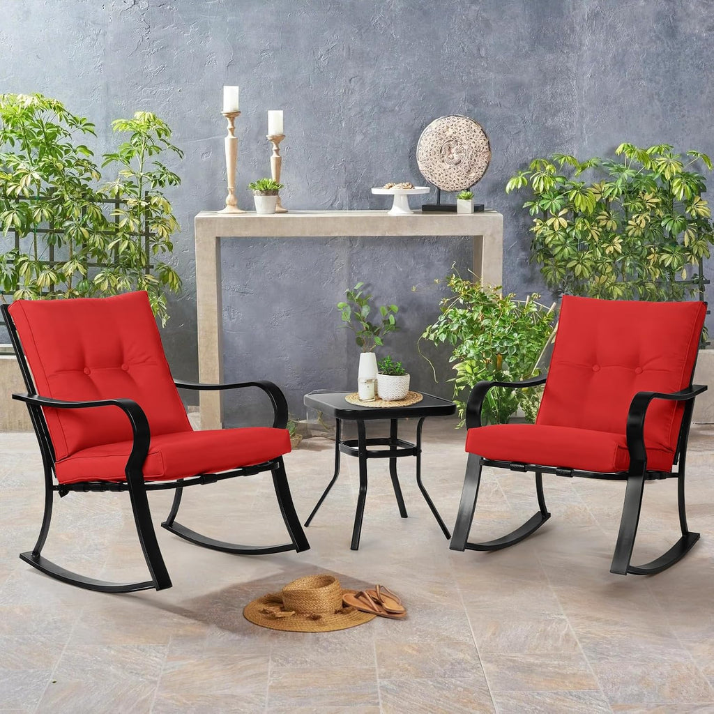 SOLAURA 3-Piece Outdoor Rocking Chairs Bistro Set, Black Iron Patio Furniture with Red Thickened Cushion & Glass-Top Coffee Table