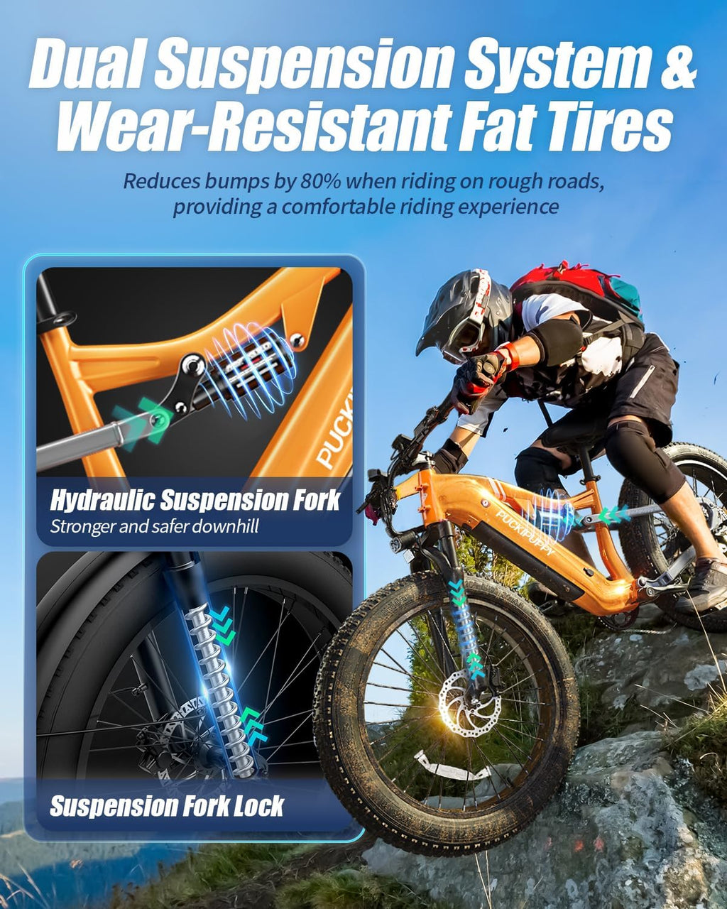 PUCKIPUPPY Electric Bike for Adults 1350W Peak, 28 MPH, 48V 20AH Battery Ebike, 26'x4' Fat Tire Full Suspension Electric Mountain Bike, 80 Miles Range, 8 Speed, Torque Sensor Labrador Pro