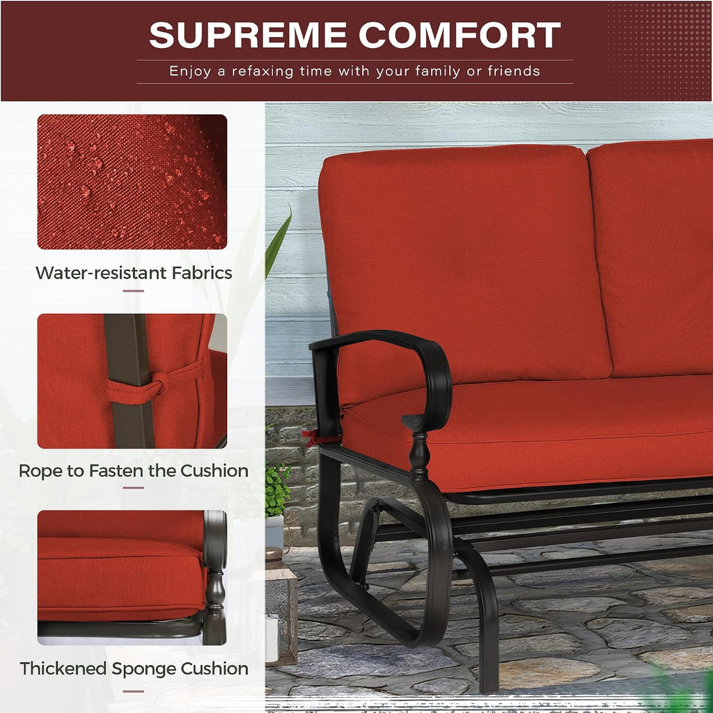 Crownland Outdoor Patio Glider Chair, Rocking Glider Bench for 2 Person, Porch Furniture Loveseat Seating, Wrought Iron Patio Gliders for Outside, Porch, Garden, Classic Red