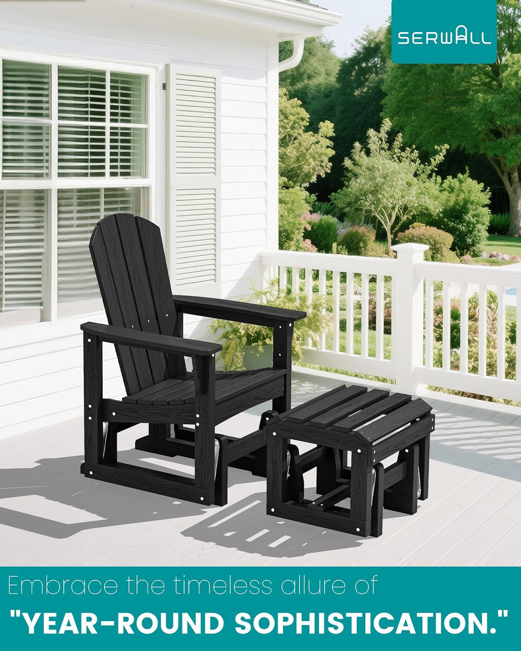 SERWALL Outdoor Glider Chair Set of 2 with Ottoman, HDPE Wood-Like Patio Glider Set All-Weather Porch Glider for Outside, Black