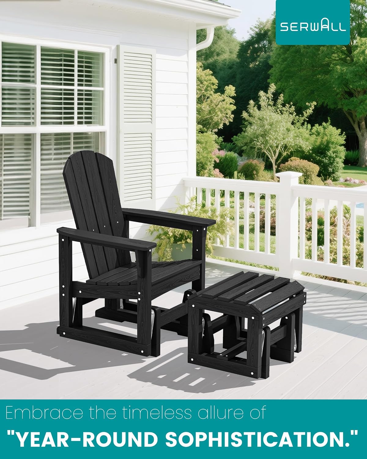 SERWALL Outdoor Glider Chair with Ottoman, HDPE Wood-Like Patio Glider Set All-Weather Porch Glider for Outside, Black