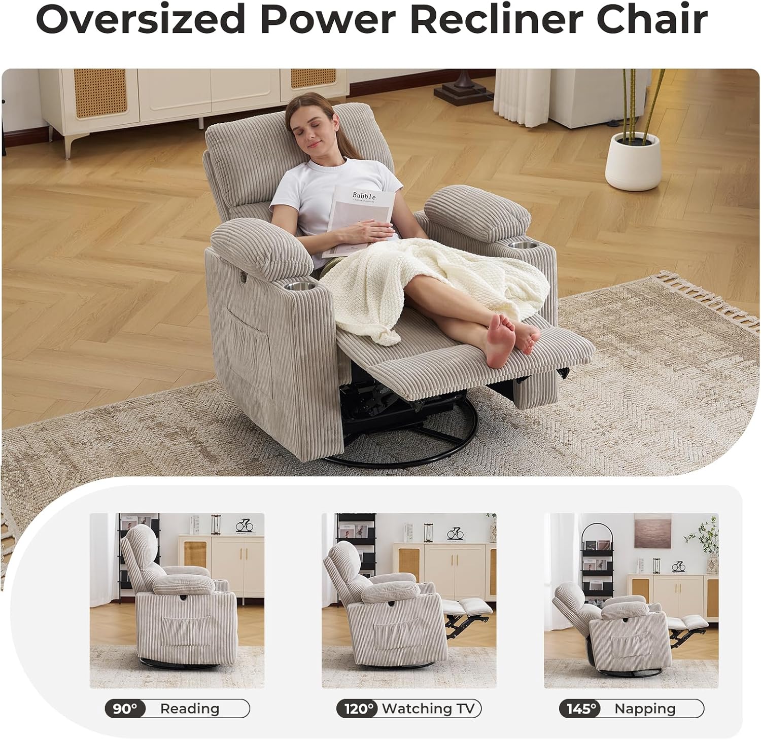 Oversized Power Recliner Chair Swivel Glider with Massage and Heat, Swivel Rocker Recliner with Adjustable Armrests, 26' Wide Nursery Chair with Storage Ottoman, Rocker Nursery Recliner,Corduroy Grey