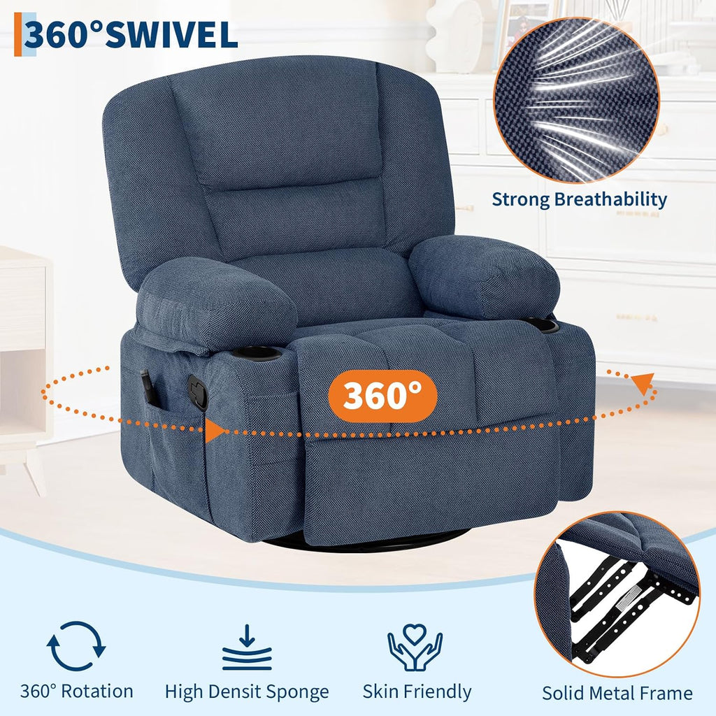 Rocker Recliner Chair with Heat and Massage,Nursery Recliner 360° Swivel Oversized Chairs for Adults,Chenille Lazy Boy Single Sofa Seat with 3 Positions,Side Pockets,2 Cup Holders for Living Room,Blue