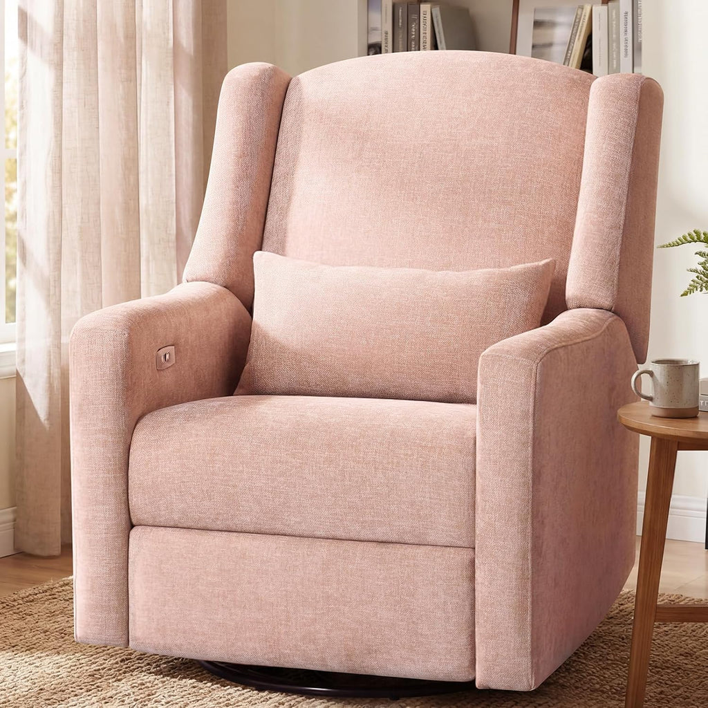Power Glider Recliner Nursery Chair w/USB Ports, Soft Chenille Glider Rocking Chair for Nursery, Swivel Glider Chair with Lumbar Pillow for Living Room, Pink