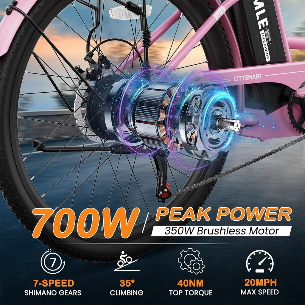 MOPHOTO Electric Bike for Women Adults, 700W Peak Power, 40 Miles Electric Cruiser Bike with 36V 10.4Ah Battery, 7-Speed Electric Bicycle, 24' 26' Tires and Front Fork Suspension