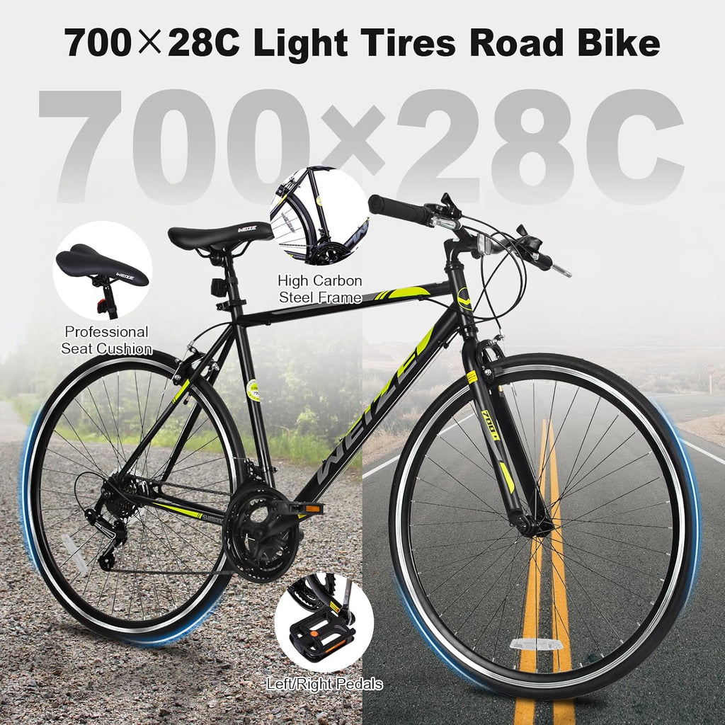 WEIZE 700C Hybrid Bike for Adults, 14 Speed Road Bike, City Commuter Bicycle with Caliper Brakes, High-Carbon Steel Racing Adult Bike, Urban Adult Bicycle for Men and Women