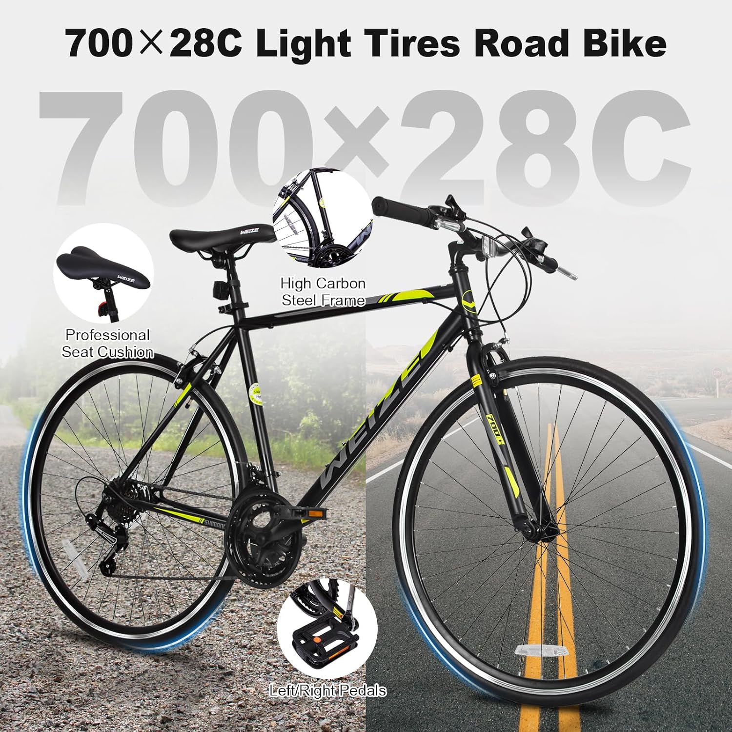 WEIZE 700C Hybrid Bike for Adults, 14 Speed Road Bike, City Commuter Bicycle with Caliper Brakes, High-Carbon Steel Racing Adult Bike, Urban Adult Bicycle for Men and Women