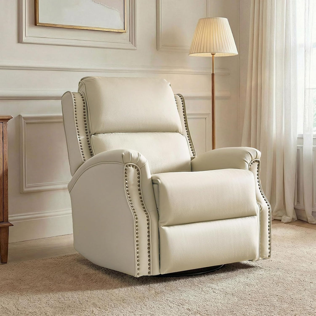 HULALA HOME Genuine Leather Recliner Chair, Swivel Rocker Chair with Thick Seat, Classic Push Back Armchair with Backrest, Nailhead Trim, Beige