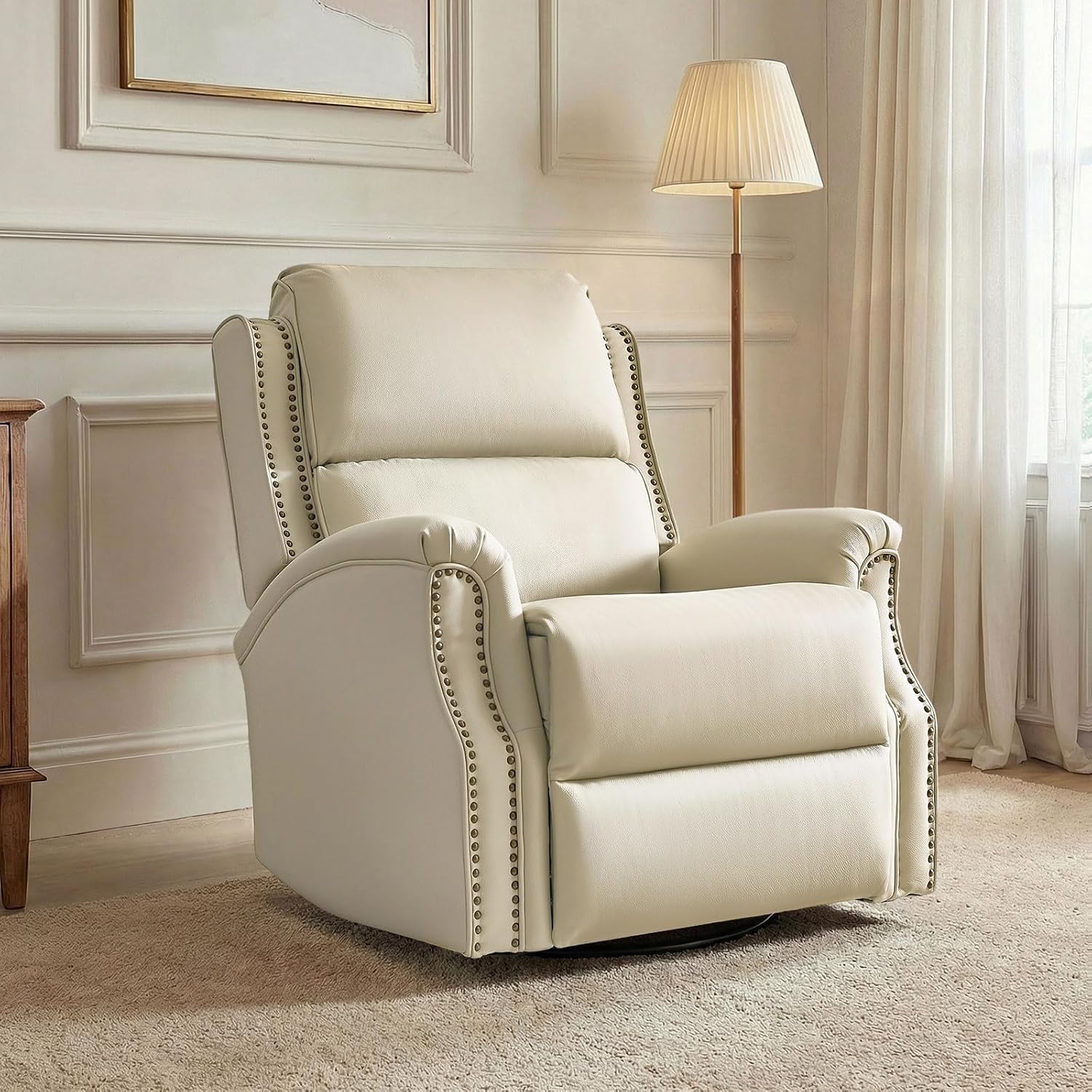 HULALA HOME Genuine Leather Recliner Chair, Swivel Rocker Chair with Thick Seat, Classic Push Back Armchair with Backrest, Nailhead Trim, Beige