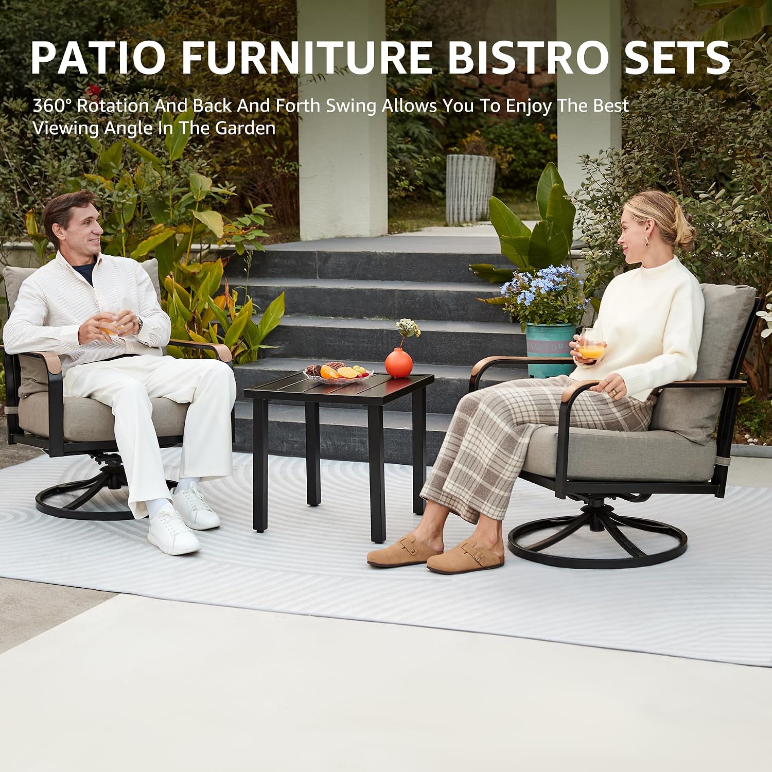 NATURAL EXPRESSIONS Outdoor Bistro Set, 3 Piece Patio Swivel Glider Rocking Chairs Patio Conversation Furniture Set with 2 Rockers,Metal Table, 6' Thick Cushions for Backyard,Porch,Balcony,350lbs