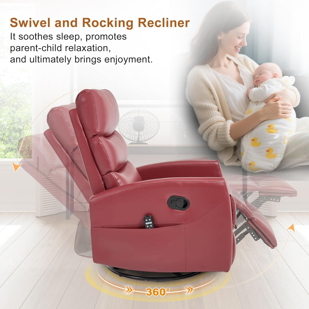 Manual Swivel Rocker Recliner Chair for Adults, Overstuffed Reclining Glider Chair for Nursing with Vibration Massage & Heat, Living Room Rocking Recliner 3-Stage backrest, Faux Leather Red