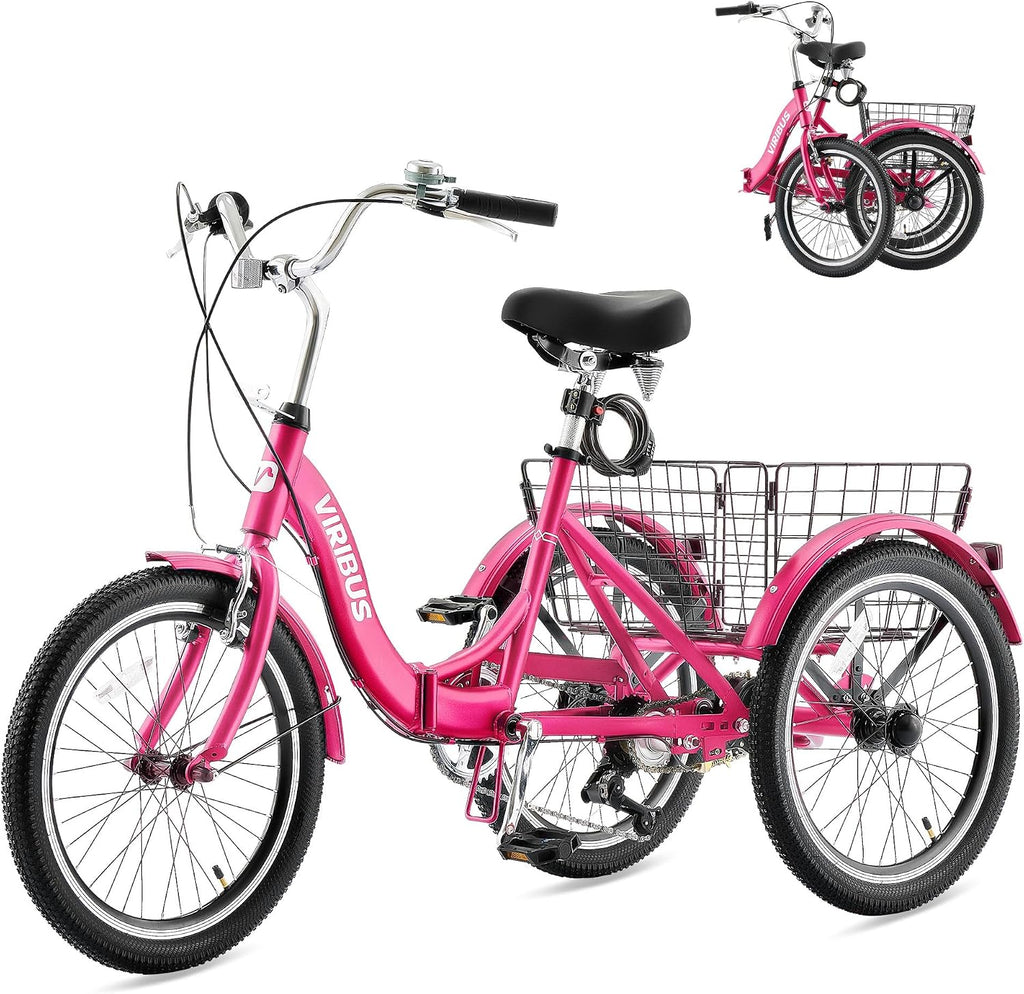 VIRIBUS Folding Tricycle for Adults, 20 inch Foldable Adult Tricycle 1 or 7 Speed Speed with Basket, Folding 3 Wheel Bikes for Adults Senior Women Men, Collapsible Mini Trike, Three Wheeler 330lb.