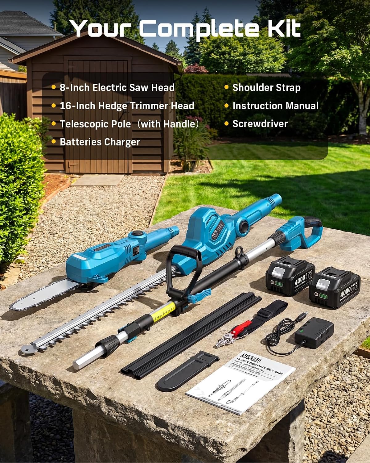 SEESII 2-in-1 Cordless Pole Saw & Hedge Trimmer Combo, 8' Electric Pole Chainsaw with 2×4.0 Ah Batteries, 16-Inch Extension Pole Hedge Trimmer, Bush Tree Pruner Limb Branch Cutter, 15ft Long Reach