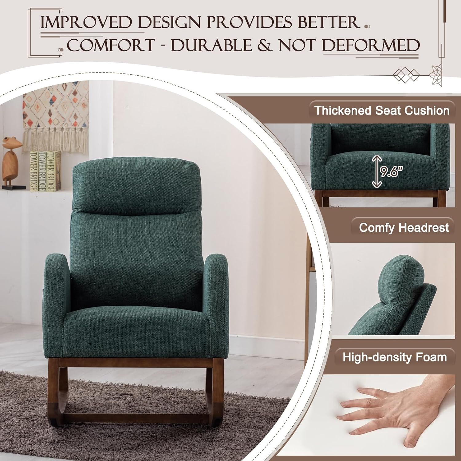 Upholstered Rocking Chair for Nursery, Accent Glider Rocker with Side Pocket, Comfy Armchair with Tall Backrest and Double Layer Cushion, Baby Nursery Glider for Living Room, Bedroom (Emerald Green)