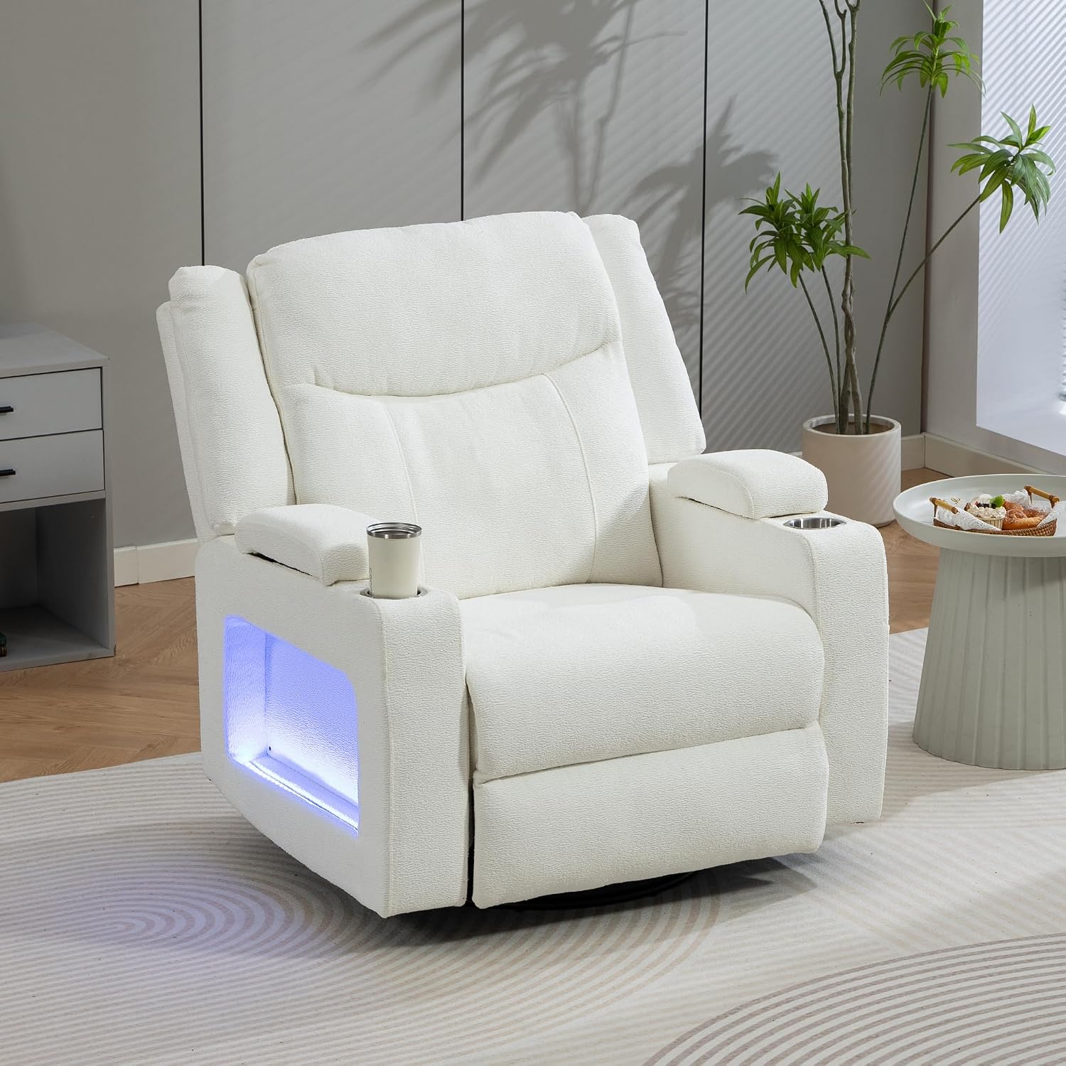 Power Oversized Swivel Rocker Recliner with Dual Motor Adjustable Headrest for Adults, Glider Rocking Chair with Heat Massage, LED Light, USB C Charging, Armrest Storage, Cup Holder