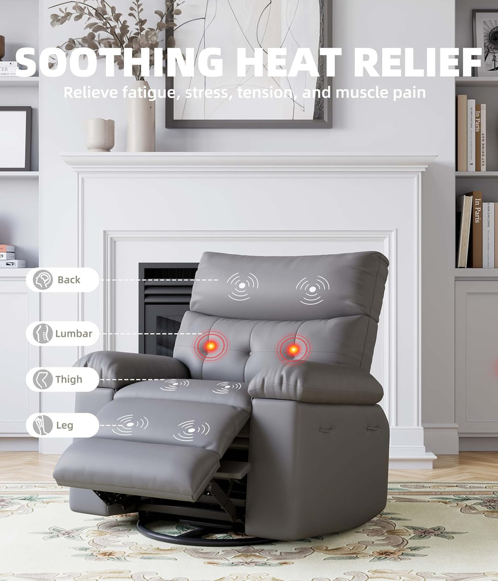 GarveeHome Oversized Power Rocker Swivel Recliner Chair - Heat and Massage, PU Leather Electric Glider Rocking Chair with USB Port, Glider Recliner Nursery Chair for Living Room, Bedroom, Nursery