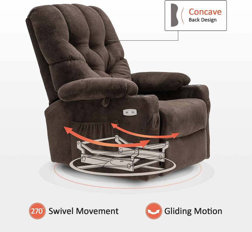 MCombo Electric Power Swivel Glider Rocker Recliner Chair with Cup Holders for Nursery, Hand Remote Control, USB Ports, 2 Side & Front Pockets, Plush Fabric 7797 (Brown)