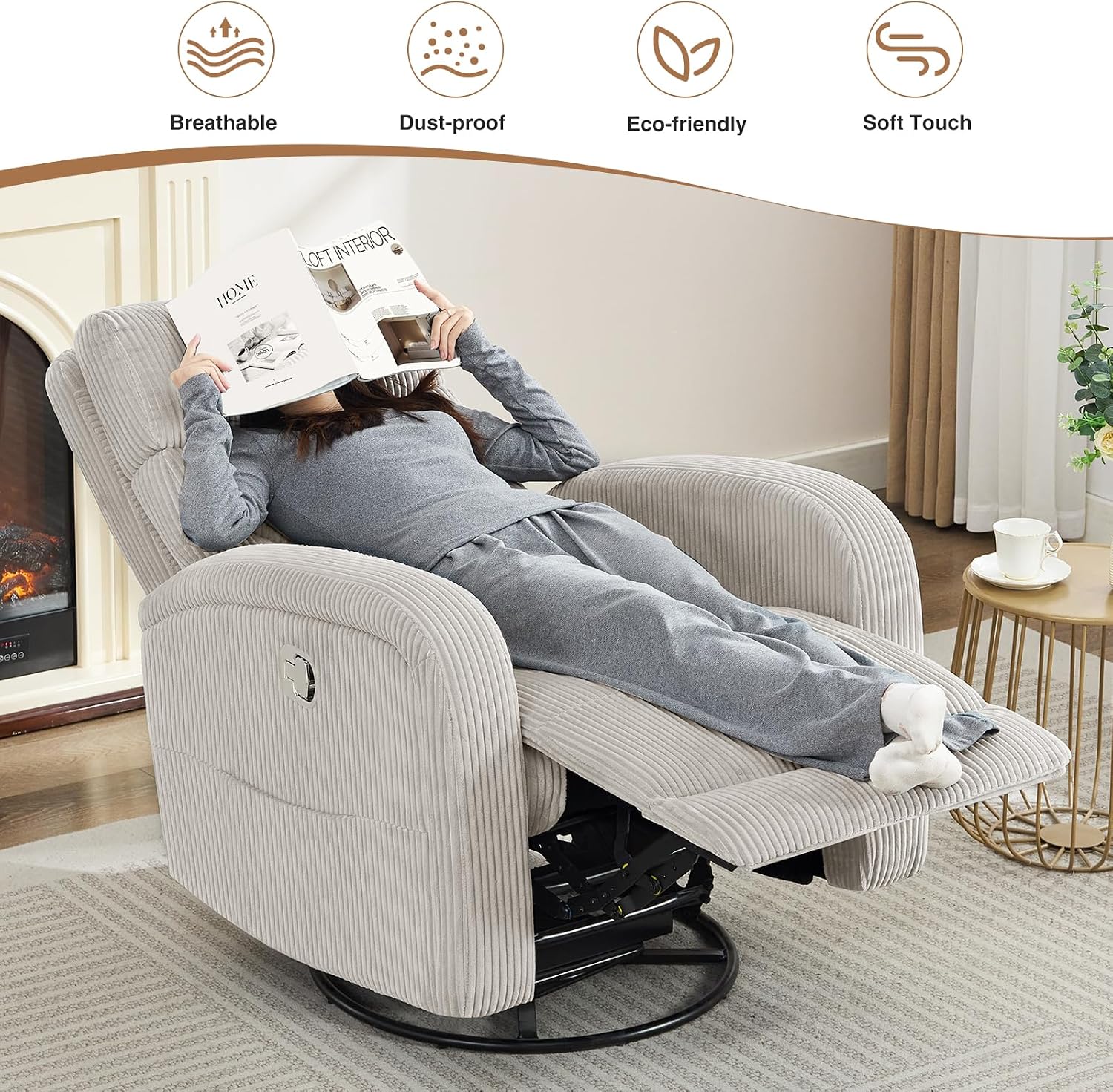 Swivel Rocker Recliner Glider Rocking Chair for Nursery, Corduroy Recliner with Chunky Cushion, Manual Swivel Recliner Chair for Living Room, Bedroom, Nursery(Camel)