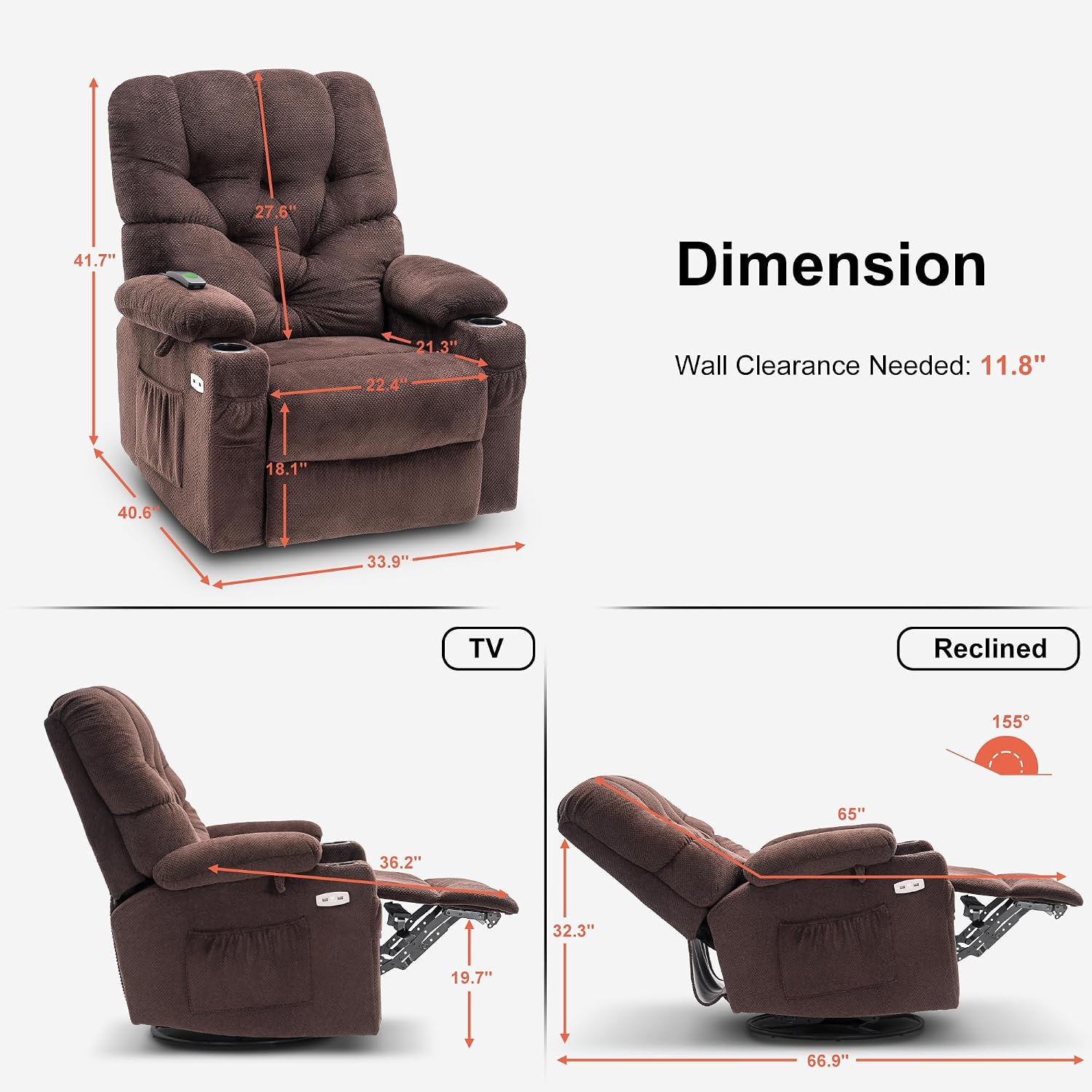 MCombo Electric Power Swivel Glider Rocker Recliner Chair with Cup Holders for Nursery, Hand Remote Control, USB Ports, 2 Side & Front Pockets, Plush Fabric 7797 (Brown)