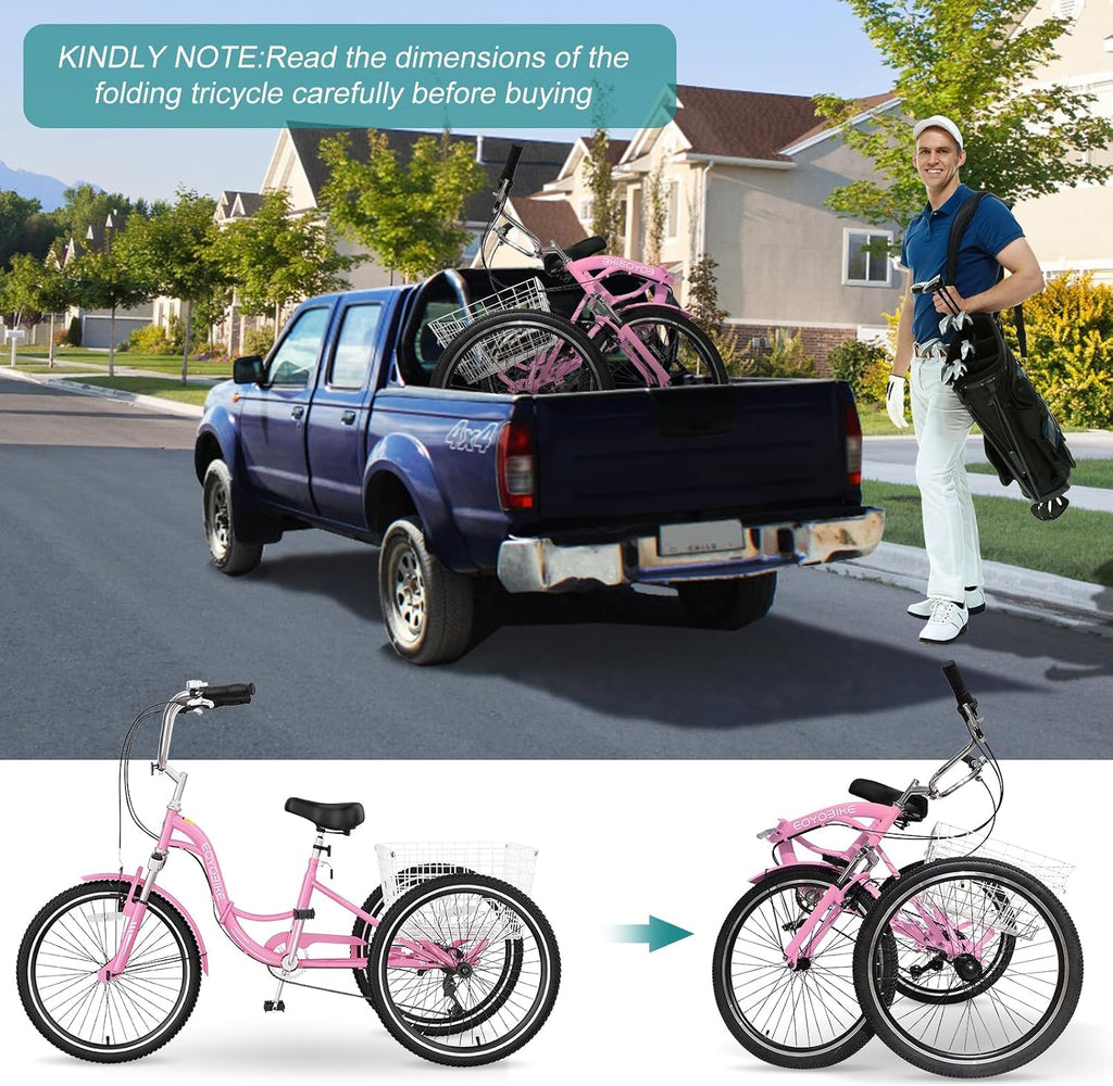 MOPHOTO Adult Folding Tricycle, 7-Speed 3 Wheel Bike for Adults, Seniors, Women & Men, 20/24/26 Inch Low Step-Through Trike with Large Rear Cargo Basket, Adjustable Seat, Space-Saving Cruiser Bicycle