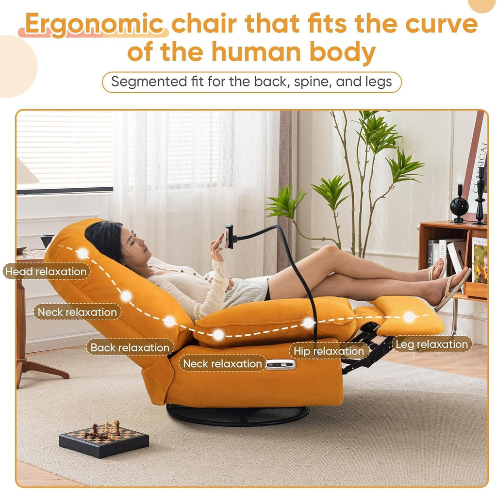 Smart Oversized Electric Recliner Chair, 360° Round Swivel Rocking Glider Rocker Chairs for Adults Modern Comfy Ergonomic Chaise Lounge Indoor, Theater Seating Living Room Reading, Soft Orange Fabric