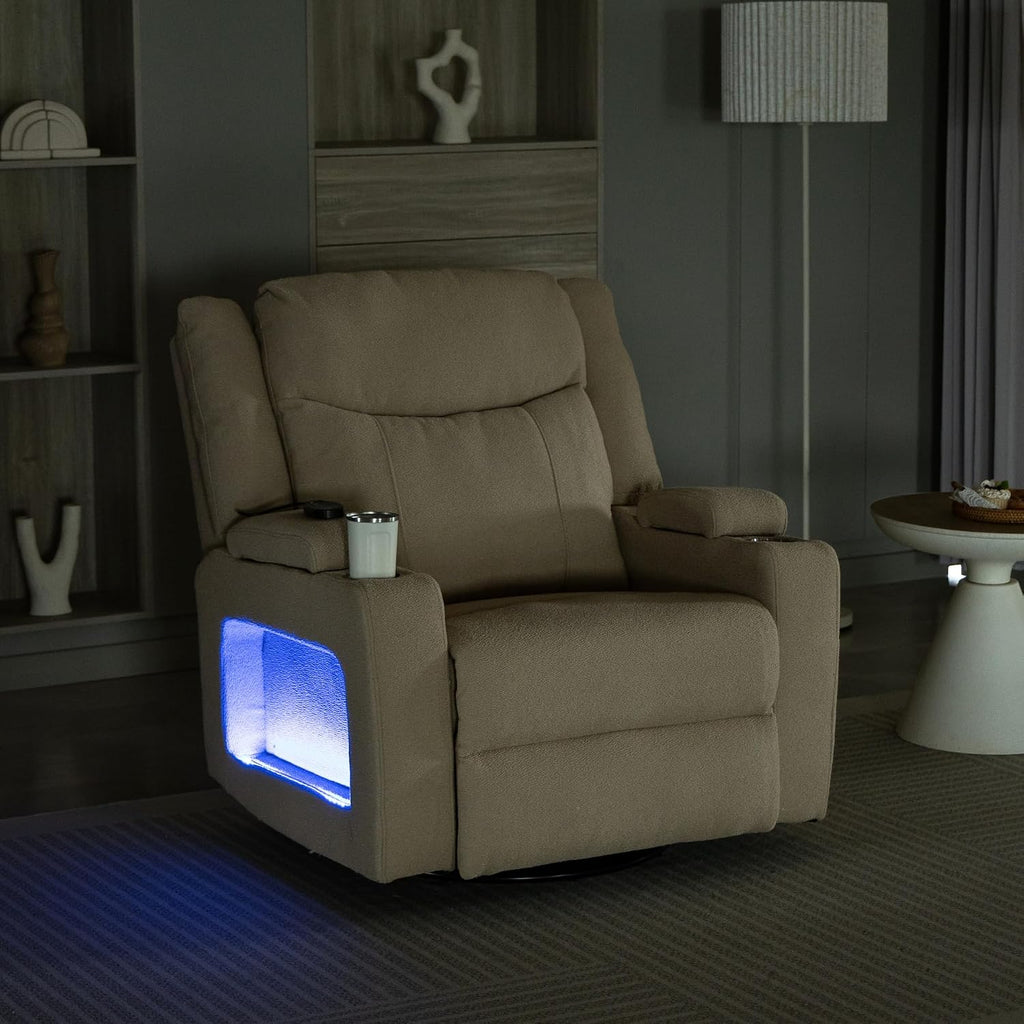 Power Oversized Swivel Rocker Recliner with Dual Motor Adjustable Headrest for Adults, Glider Rocking Chair with Heat Massage, LED Light, USB C Charging, Armrest Storage, Cup Holder