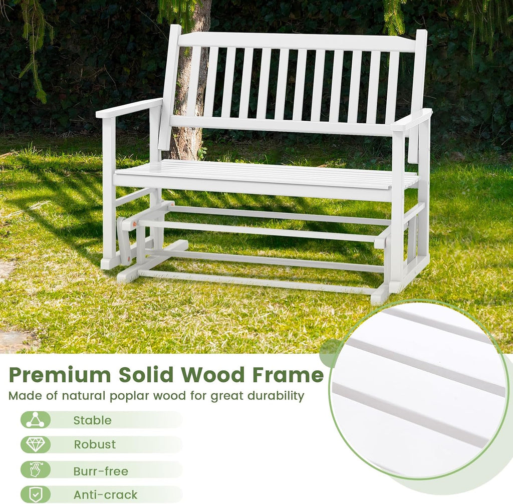 Giantex Outdoor Glider Bench Chair - 2 Person Loveseat, Porch Rocking Glider with Safe & Gentle Gliding, Solid Wood Frame, Slatted Seat, Curved Backrest, 500 Lbs Weight Capacity, Patio Glider (White)
