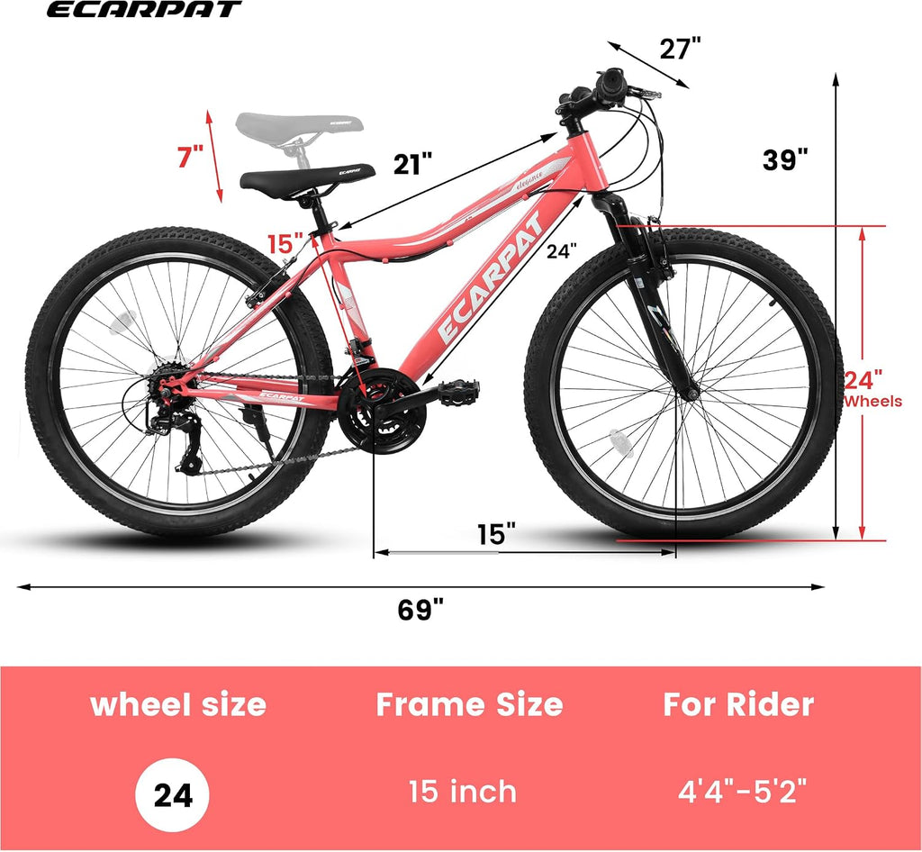Ecarpat 24 26 Inch Women Girls Mountain Bike, Disc/V Brakes 21 Speeds Women Bike, Sturdy Steel Frame and Suspension Fork, Stylish Adult and Teens Bicycle for Urban Trail Snow Commuter