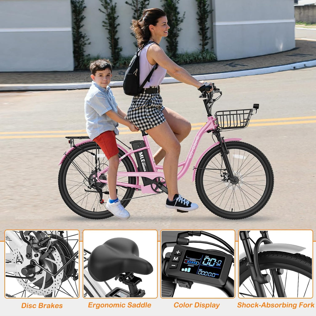MOPHOTO Electric Bike for Women Adults, 700W Peak Power, 40 Miles Electric Cruiser Bike with 36V 10.4Ah Battery, 7-Speed Electric Bicycle, 24' 26' Tires and Front Fork Suspension