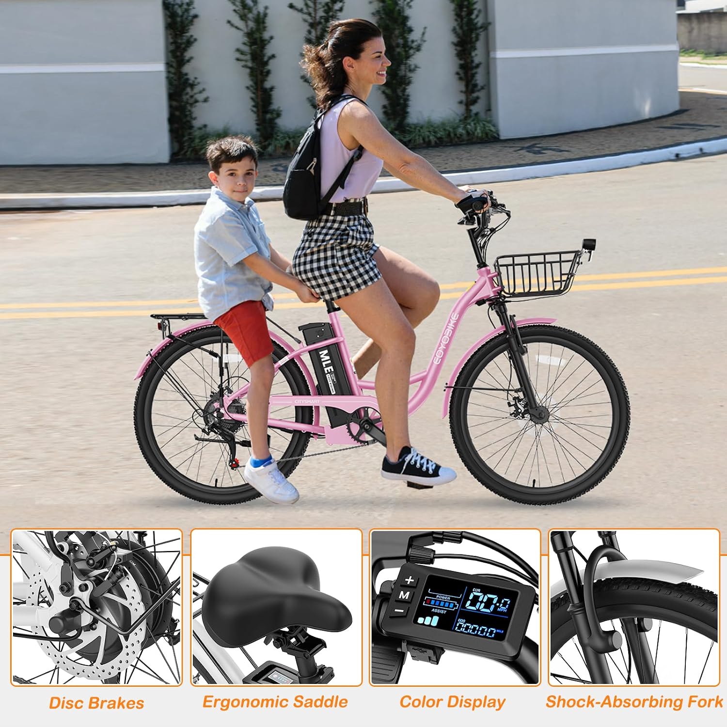 MOPHOTO Electric Bike for Women Adults, 700W Peak Power, 40 Miles Electric Cruiser Bike with 36V 10.4Ah Battery, 7-Speed Electric Bicycle, 24' 26' Tires and Front Fork Suspension
