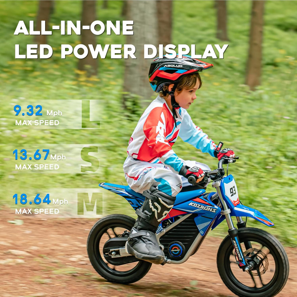 AIII 36V Electric Dirt Bike for Kids 5-10, High Performance 350W Racing Grade Motorcycle, Up to 18.6MPH, 3 Speed Settings, 14-Inch Off-Road Tires, Dual Disc Brakes & Advanced Shock Absorption, Blue