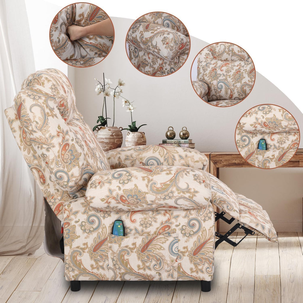 Manual Recliner Chair, Massage Chair Recliners with Heat, Pushback Recliners for Living Room Small Recliner Chairs for Small Spaces Fabric Overstuffed Single Sofa with Vibration Home Theater,Floral
