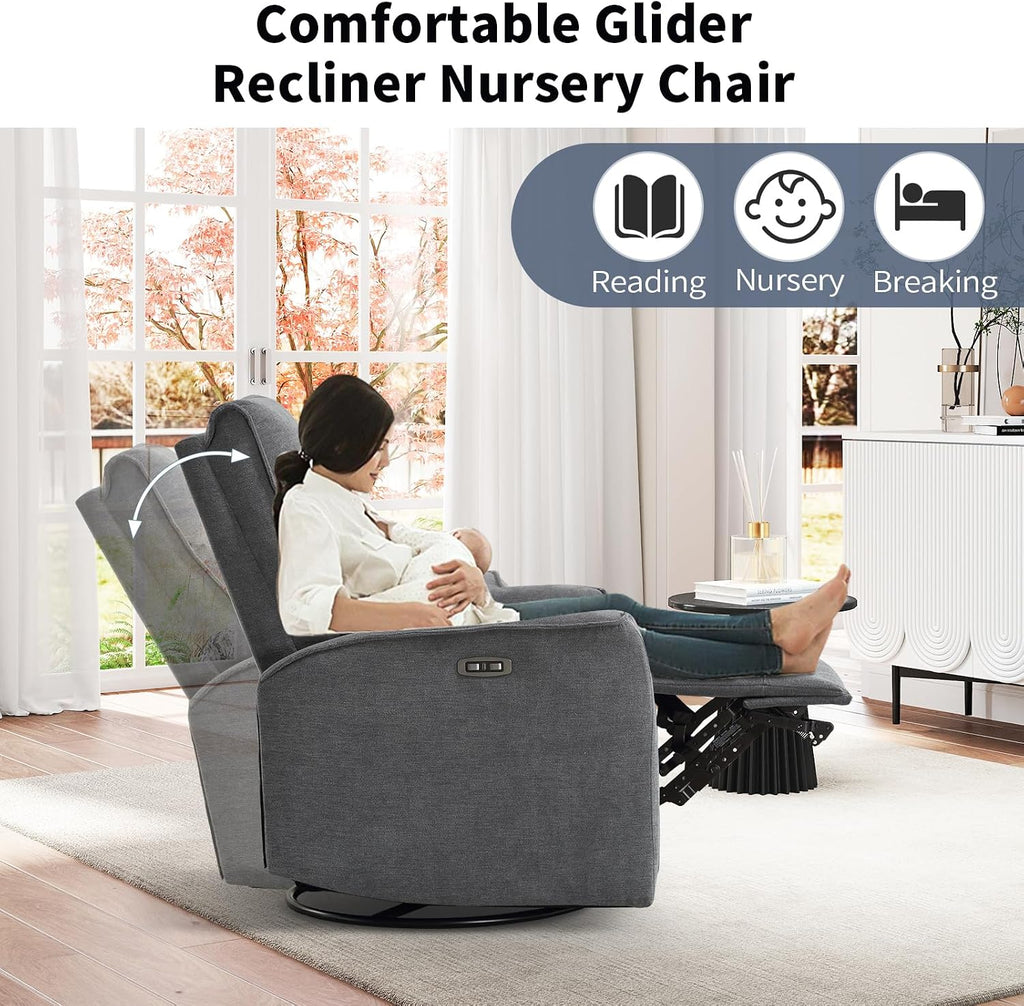 ANJ Power Rocker Recliner Chair with USB Ports, Electric 270° Swivel Glider Recliners, Upholstered Leathaire Rocking Reclining Sofa Nursery Recliner for Living Room, Bedroom (Smoke Gray)