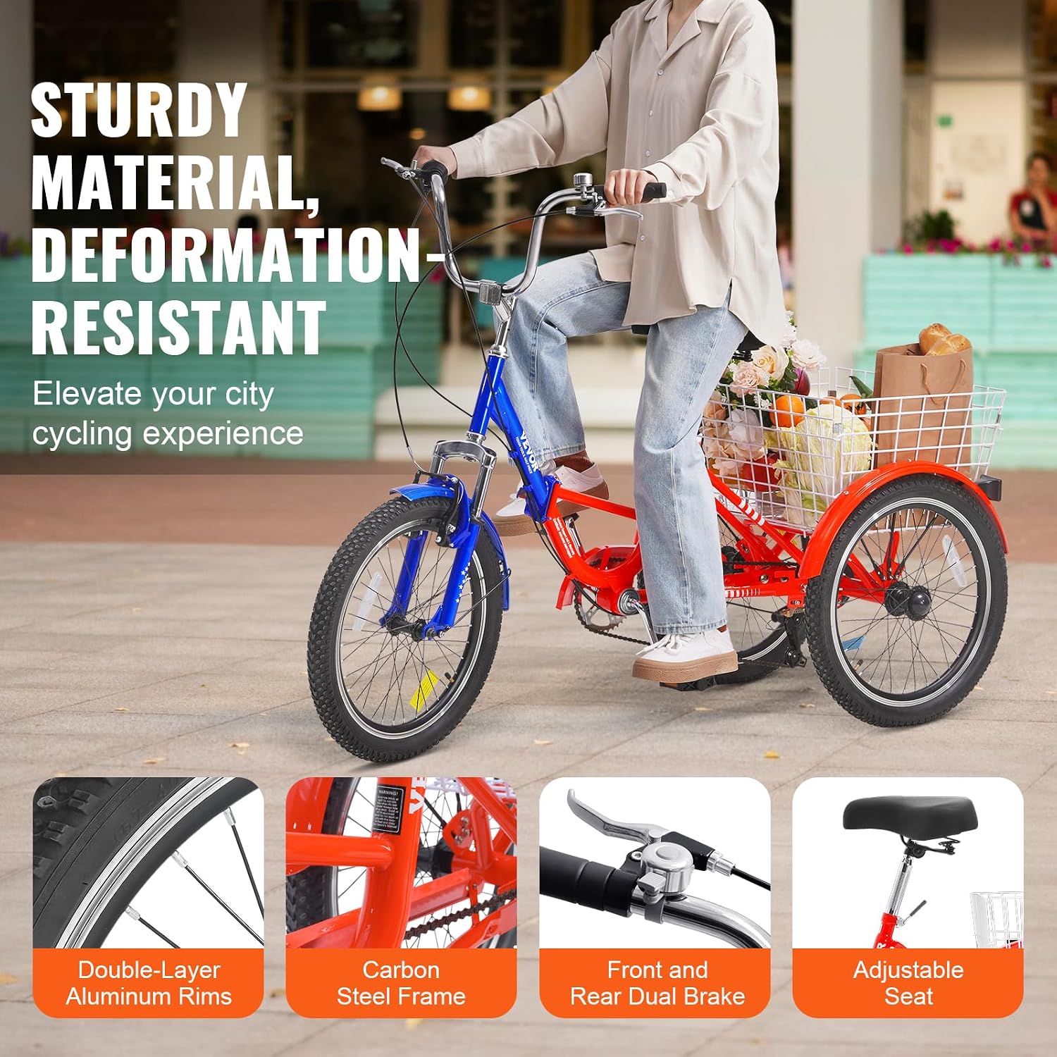 VEVOR Folding Adult Tricycle,Adult Folding Trikes, 3 Wheel Cruiser Bike with Large Basket & Adjustable Seat, Shopping Picnic Foldable Tricycles for Women, Men, Seniors