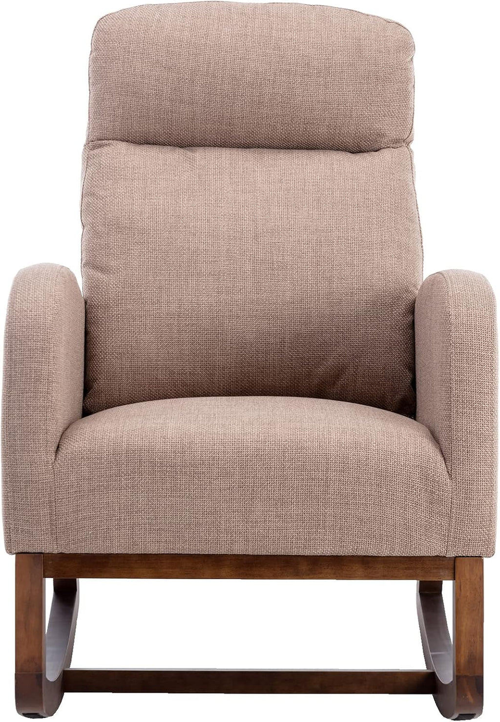 Modern Rocking Chair with Breathable Yellow Linen & Solid Wood Legs - Recliner Glider Armchair Featuring Side Pocket, High Back Support for Nursery, Living Room, Bedroom (Camel)