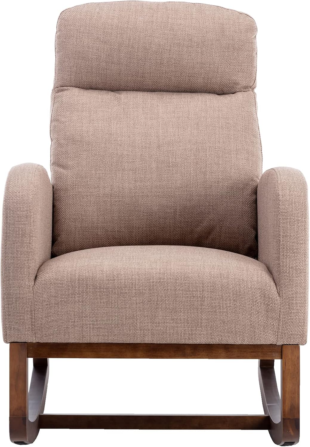 Modern Rocking Chair with Breathable Yellow Linen & Solid Wood Legs - Recliner Glider Armchair Featuring Side Pocket, High Back Support for Nursery, Living Room, Bedroom (Camel)
