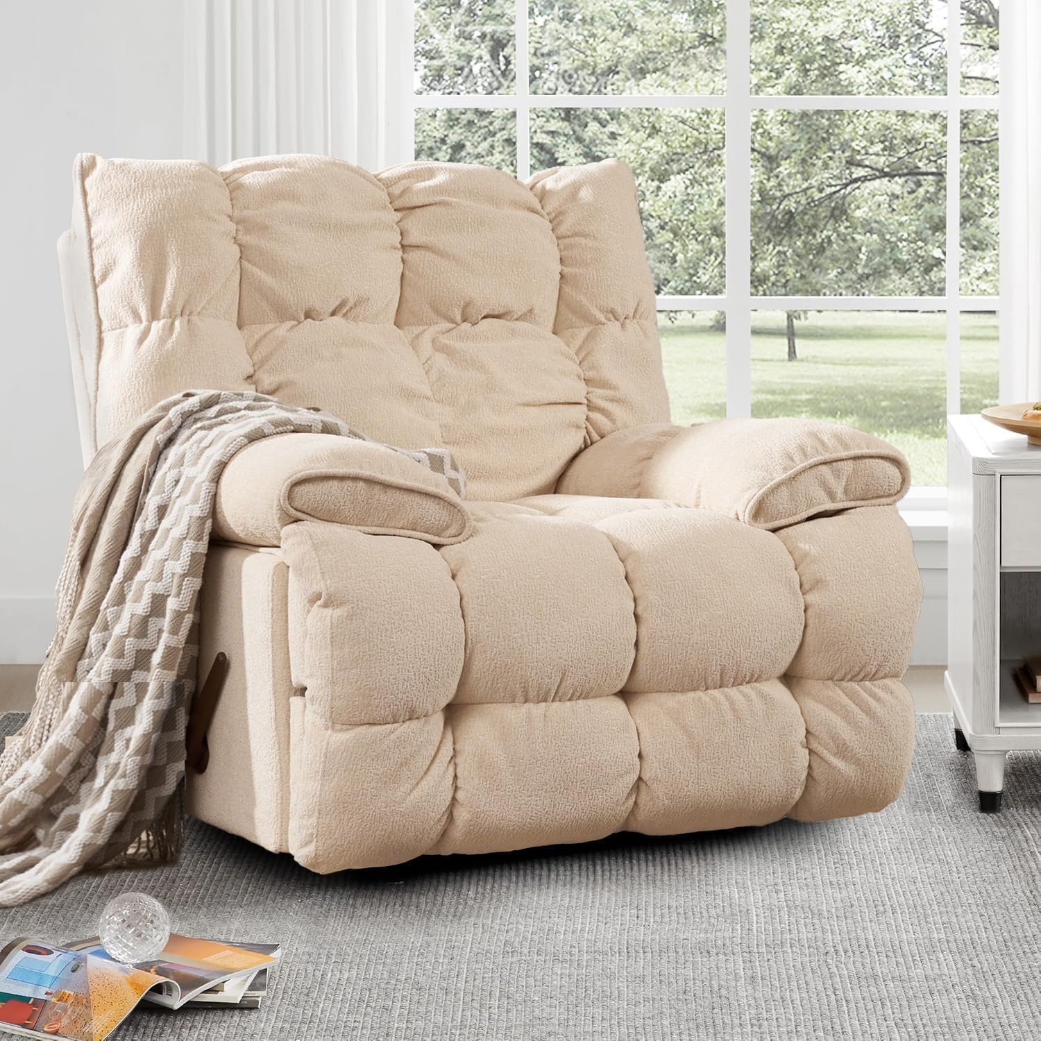SITJOY Oversized Power Swivel Rocker Recliner Chair, Overstuffed Extra Wide Rocking Chair for Big and Tall, Glider Recliner Nursery Chair, Soft Breathable Fabric in Beige, Manual