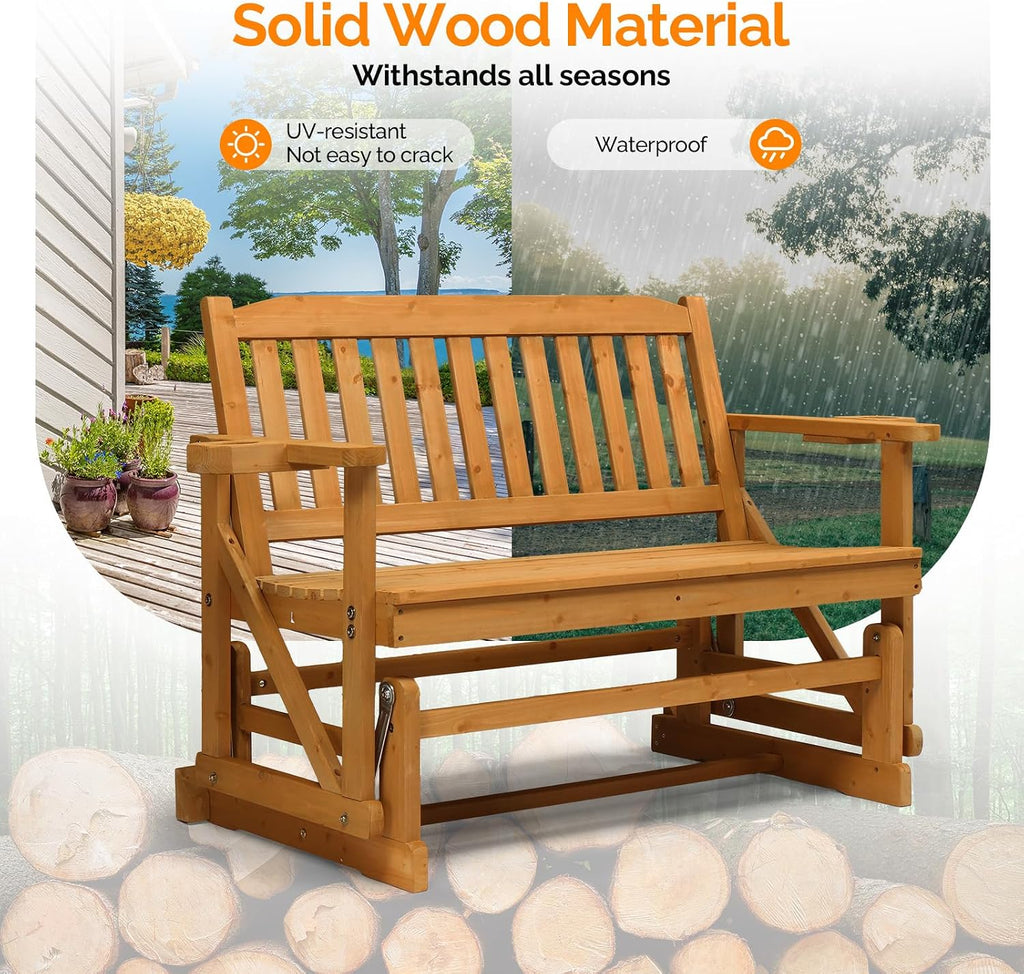 VINGLI 2-Person Outdoor Glider Bench, Patio Glider with Cup Holders, Outdoor Rocking Chair Loveseat for Backyard Garden Porch, Teak