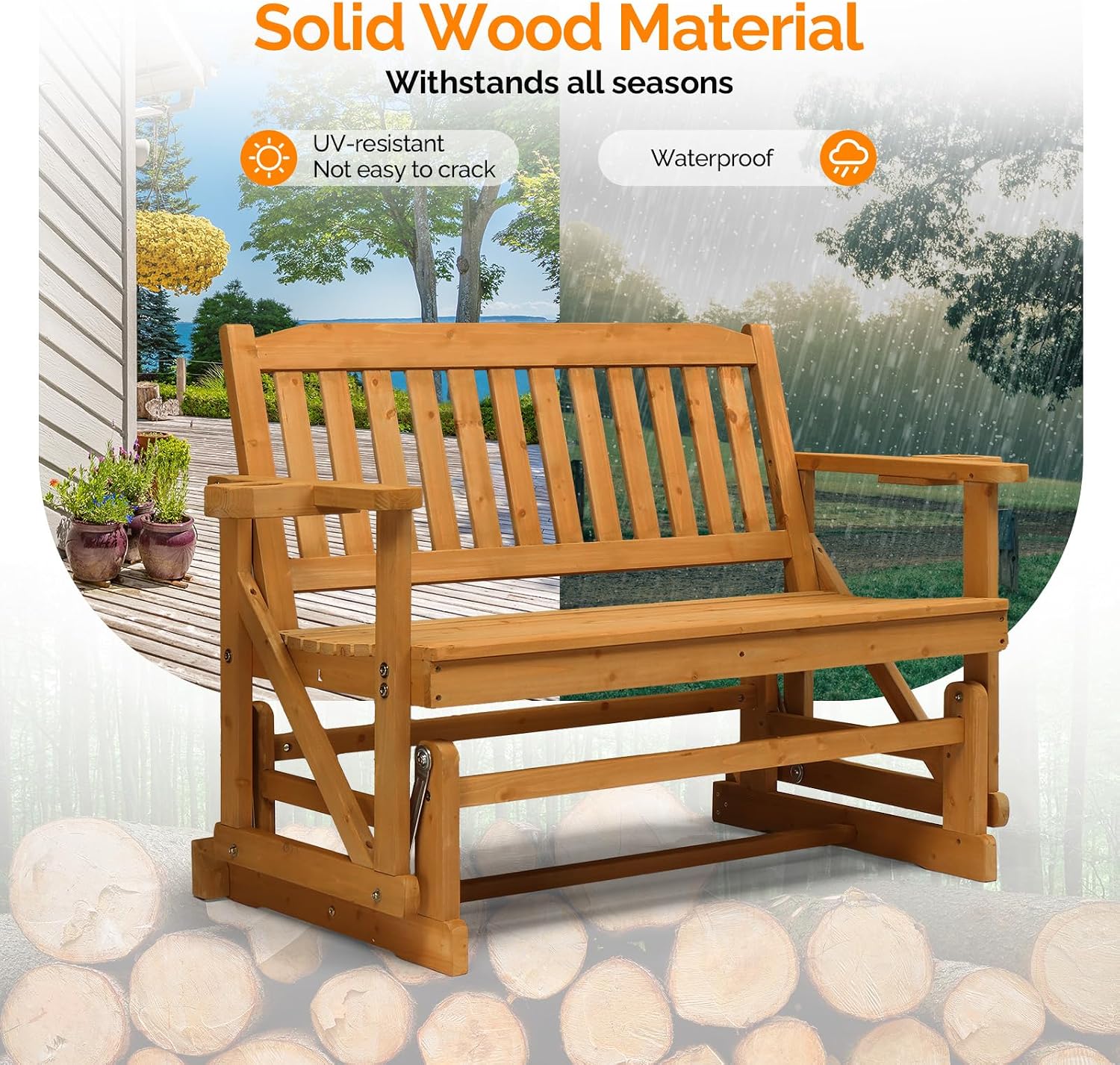 VINGLI 2-Person Outdoor Glider Bench, Patio Glider with Cup Holders, Outdoor Rocking Chair Loveseat for Backyard Garden Porch, Teak