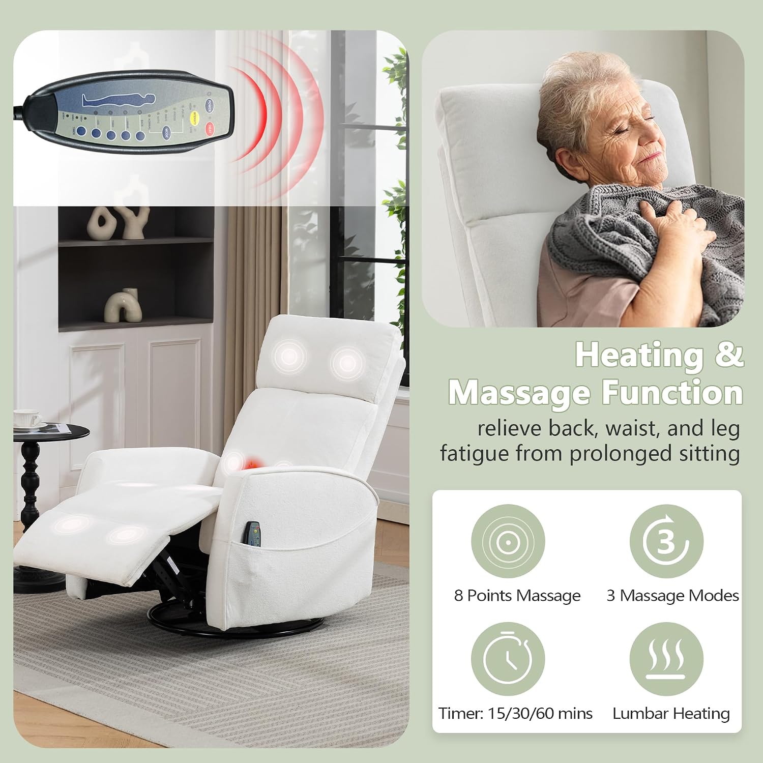 cinkehome Heated Massage Swivel Rocker Recliner Chair for Nursery - Small Space Reclining Chair with Lumbar Support, 360° Swivel & Gentle Rocking, Ergonomic High Back Short Plush Cream White