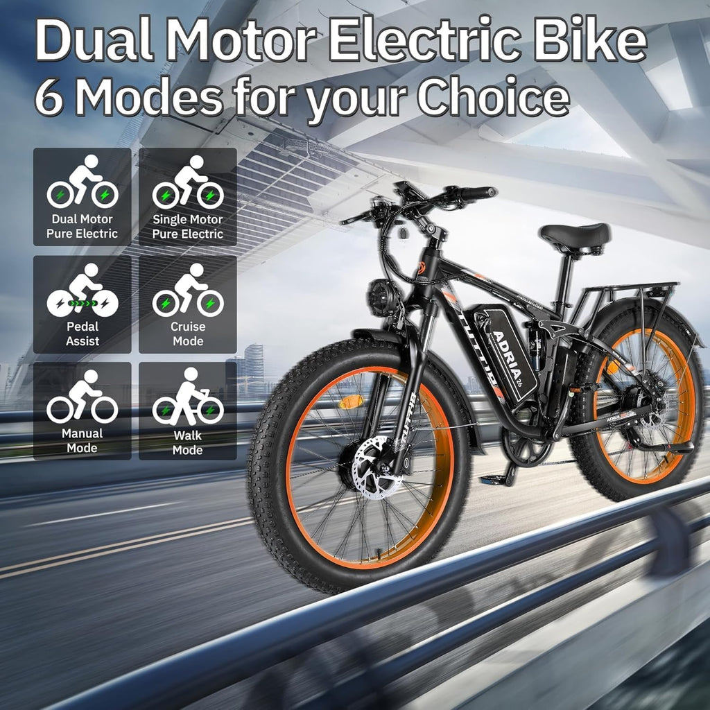 Tuttio-Adria26 6000W/5000W Peak Dual-Motor Ebike for Adults - 52V Fast Ebike, Long-Range Electric Bicycle, Full Suspension, 26 Inch Fat Tire Bike for Off-Road, Mountain, Snow, Hunting, Commuting