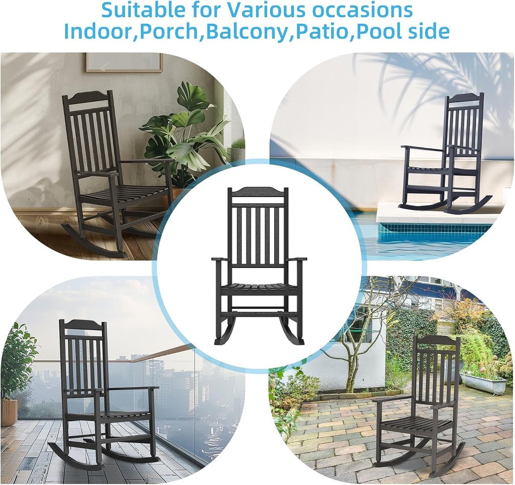 EasyUp Patio Rocking Chair Outdoor,Set of 4,Weather Resistant Poly Resin Oversized Porch Rocker,High Back Smooth Design,Indoor Outdoor Use