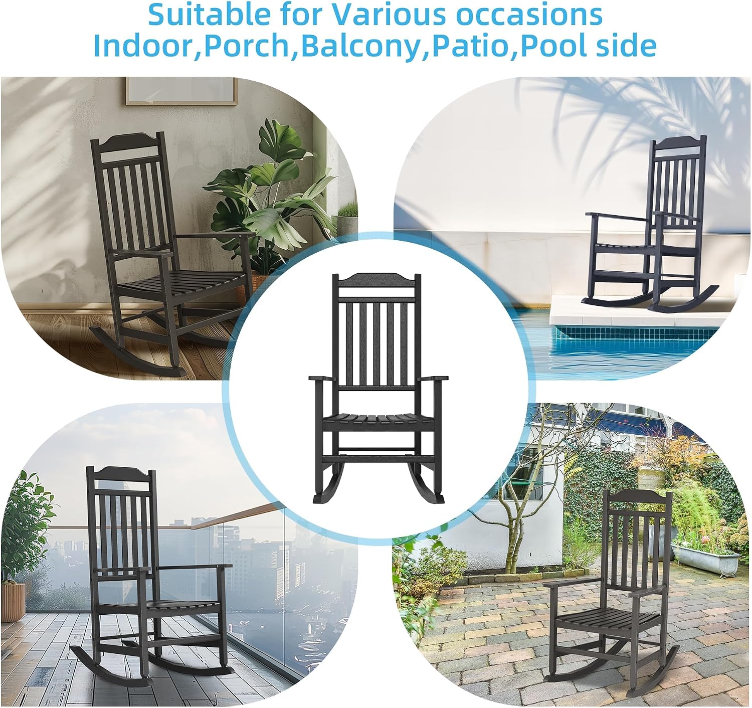 EasyUp Patio Rocking Chair Outdoor,Set of 4,Weather Resistant Poly Resin Oversized Porch Rocker,High Back Smooth Design,Indoor Outdoor Use