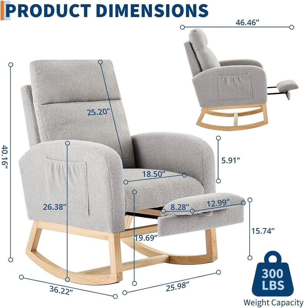 Teddy Fabric Nursery Rocking Chair with Adjustable Footrest, Two Side Pockets & Solid Wooden Legs - High Backrest Comfortable Lounge Armchair for Nursery, Living Room, Bedroom,Gray.