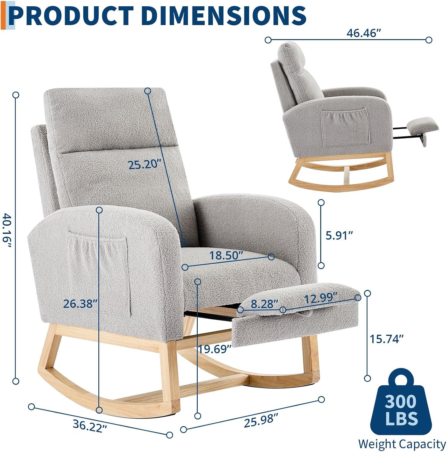 Teddy Fabric Nursery Rocking Chair with Adjustable Footrest, Two Side Pockets & Solid Wooden Legs - High Backrest Comfortable Lounge Armchair for Nursery, Living Room, Bedroom,Gray.