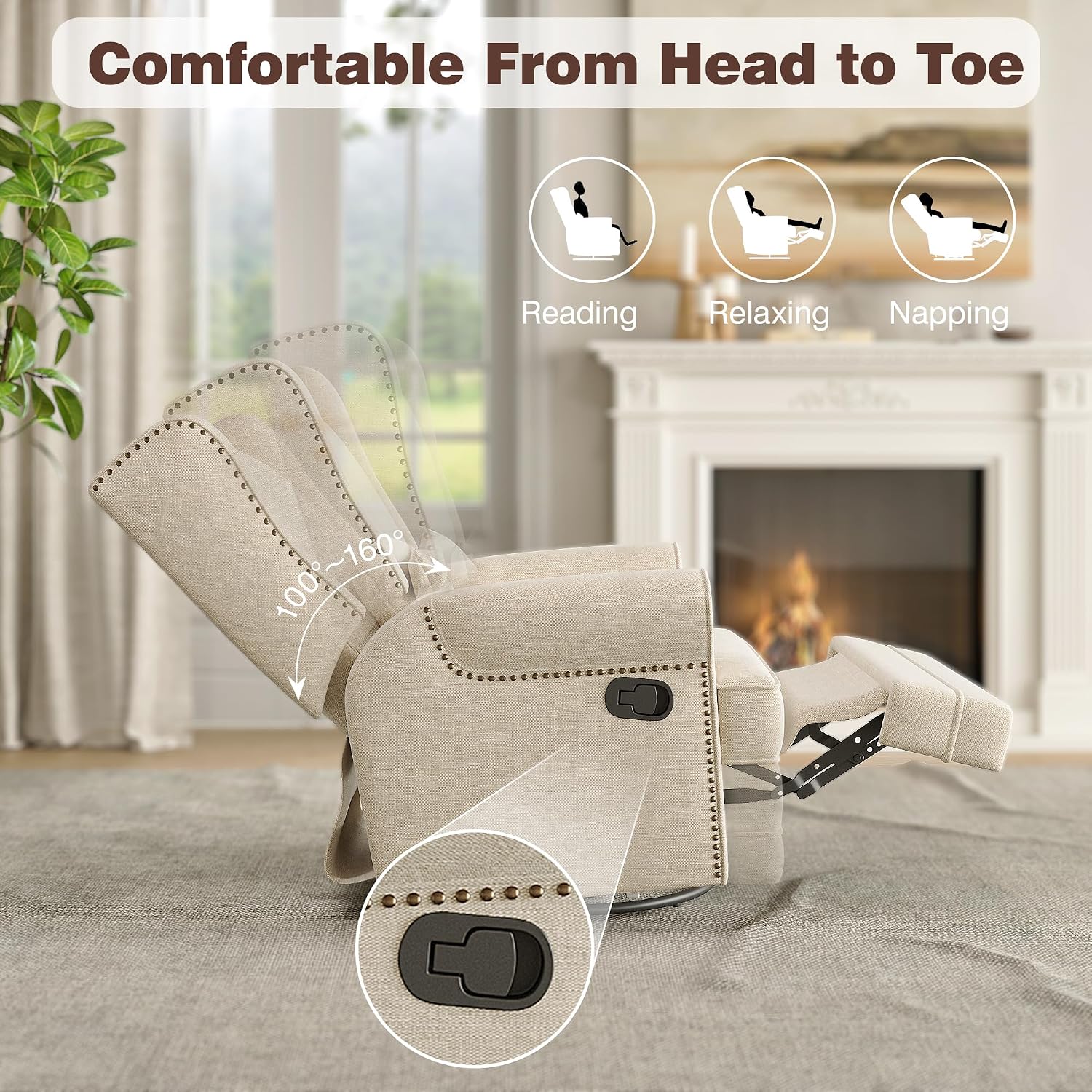 May in Color Swivel Recliner Chair with Extra Large Footrest, Comfy Upholstered Glider Rocking Chair for Living Room, Bedroom and Ofice, Beige